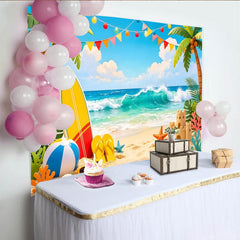Lofaris Lebendiger Sommerstrand Fotohintergrund mit Palmen und Meereswellen, farbenfrohe Kulisse für Sommerpartys, Urlaub und Fotografie