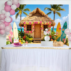 Lofaris Tropischer Strand Fotohintergrund mit Strohhütte Surfbrettern und Palmen, bunte Kulisse für Sommerpartys Urlaubsfotos und Fotostudio