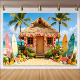 Lofaris Tropischer Strand Fotohintergrund mit Strohhütte Surfbrettern und Palmen, bunte Kulisse für Sommerpartys Urlaubsfotos und Fotostudio