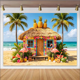 Lofaris Bunter Tropischer Strandhintergrund mit Flamingos und Palmen, wunderschöne Sommer Fotokulisse für Fotoshooting und Party