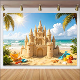 Lofaris Sonniger Strandburg Fotohintergrund mit Palmen und Meer, idyllische Kulisse für Sommerparty-Dekoration oder Fotoshootings