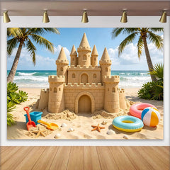 Lofaris Sonniger Sommerstrand-Sandburg Fotohintergrund mit Palmen und Meer, als idyllische Kulisse für Kinderfotoshootings