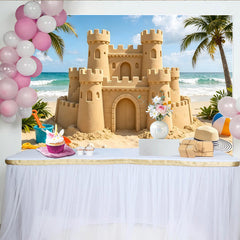 Lofaris Sommerlicher Sandburg-Strand-Hintergrund mit Palmen und Meer, perfekte Fotokulisse für Urlaubsfotos und Partys