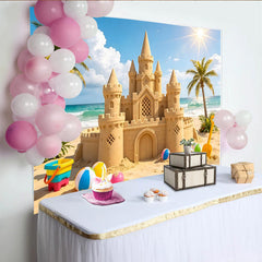 Lofaris Sonniger Strand-Fotohintergrund mit Sandburg und Palmen, perfekte Kulisse für Sommer-Fotoshootings und Kinderpartys