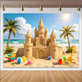 Lofaris Sonniger Strand-Fotohintergrund mit Sandburg und Palmen, perfekte Kulisse für Sommer-Fotoshootings und Kinderpartys