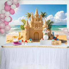 Lofaris Sonniger Sandburg-Fotohintergrund am Strand mit Palmen und Meer, bunte Strandbälle und sommerliche Kulisse für Kinder Fotoshootings
