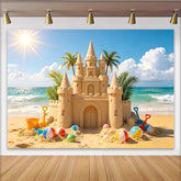 Lofaris Sonniger Sandburg-Fotohintergrund am Strand mit Palmen und Meer, bunte Strandbälle und sommerliche Kulisse für Kinder Fotoshootings
