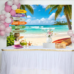 Lofaris Tropischer Strand-Fotohintergrund mit Palmen, Ozean und Surfbrettern, sommerliche Kulisse für Fotografie und Partydekoration