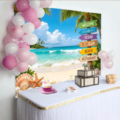 Lofaris Tropischer Strandhintergrund mit Palmen und Muscheln, bunte Wegweiser Fotokulisse für Sommerurlaub Fotoshooting und Partydekoration