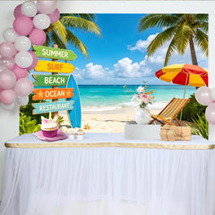 Lofaris Bunter Sommerstrand Fotohintergrund mit Palmen und Wegweiser, perfekte Kulisse für Urlaubsfotos und tropische Partydekoration
