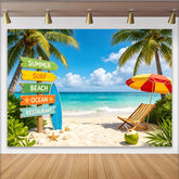 Lofaris Bunter Sommerstrand Fotohintergrund mit Palmen und Wegweiser, perfekte Kulisse für Urlaubsfotos und tropische Partydekoration