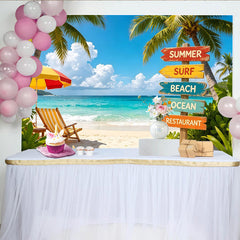 Lofaris Tropischer Sommerstrand Fotohintergrund mit Palmen und Wegweiser, türkises Meer und Liegestuhl, für Fotostudio-Dekoration