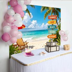 Lofaris Tropischer Sommerstrand Fotohintergrund mit Palmen und Wegweiser, türkises Meer und Liegestuhl, für Fotostudio-Dekoration