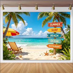 Lofaris Tropischer Sommerstrand Fotohintergrund mit Palmen und Wegweiser, türkises Meer und Liegestuhl, für Fotostudio-Dekoration