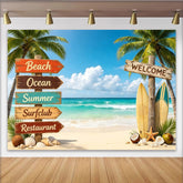 Lofaris Tropischer Sommerstrand Fotohintergrund mit Palmen und Surfbrettern, perfekte Kulisse für Urlaubsfotos und Strandpartys