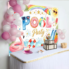 Lofaris Bunter Poolparty-Hintergrund mit Flamingo und Regenbogen, strahlende Sommerdekoration für Fotoshootings und Partys