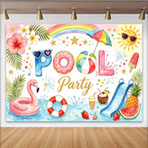 Lofaris Bunter Poolparty-Hintergrund mit Flamingo und Regenbogen, strahlende Sommerdekoration für Fotoshootings und Partys