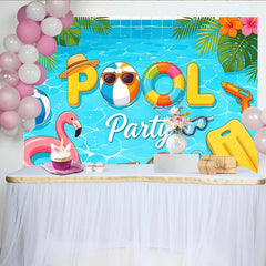 Lofaris Bunter Poolparty-Hintergrund mit Schwimmreifen und Flamingo, sommerliche Fotokulisse für lustige Fotoshootings und Partydeko