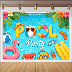 Lofaris Bunter Poolparty-Hintergrund mit Schwimmreifen und Flamingo, sommerliche Fotokulisse für lustige Fotoshootings und Partydeko