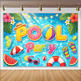 Lofaris Bunter Poolparty-Geburtstagshintergrund mit Donut und Strandball, sommerliche Fotokulisse für Kinder und Erwachsene