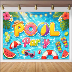 Lofaris Bunter Poolparty-Geburtstagshintergrund mit Donut und Strandball, sommerliche Fotokulisse für Kinder und Erwachsene