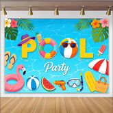 Lofaris Lebhafter Sommer-Poolparty-Hintergrund mit Flamingo und Strandball, farbenfrohe Fotokulisse für lustige Sommerfeste und Fotoshootings