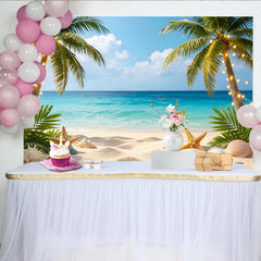 Lofaris Tropischer Strand-Hintergrund mit Palmen Lichterketten und Muscheln, ideale Kulisse für Sommerfotografie und Party