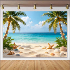 Lofaris Tropischer Strand-Hintergrund mit Palmen Lichterketten und Muscheln, ideale Kulisse für Sommerfotografie und Party