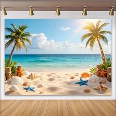 Lofaris Sonniger Sommerstrand Fotohintergrund mit Palmen und Muscheln, idyllische Kulisse für Urlaubsfotos und entspannte Sommerpartys