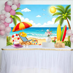 Lofaris Lebhafter Sommerstrandhintergrund mit Palmen und Surfbrettern, bunte Fotokulisse für Urlaubsparty und professionelles Fotostudio