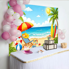 Lofaris Lebhafter Sommerstrandhintergrund mit Palmen und Surfbrettern, bunte Fotokulisse für Urlaubsparty und professionelles Fotostudio