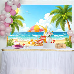 Lofaris Lebhafter Sommerstrand-Fotohintergrund mit Palmen und blauem Meer, bunte Strandkulisse für Urlaubsfotos und Partys