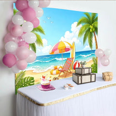 Lofaris Lebhafter Sommerstrand-Fotohintergrund mit Palmen und blauem Meer, bunte Strandkulisse für Urlaubsfotos und Partys