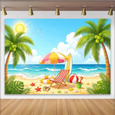 Lofaris Lebhafter Sommerstrand-Fotohintergrund mit Palmen und blauem Meer, bunte Strandkulisse für Urlaubsfotos und Partys