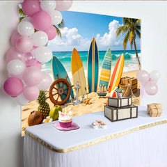 Lofaris Lebhafter Sommerstrand Fotohintergrund mit Surfbrettern und Palmen, tropische Kulisse für Urlaubsfotoshootings und Studiodekoration