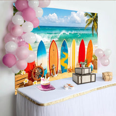 Lofaris Sommerlicher Strand-Fotohintergrund mit bunten Surfbrettern und Palmen, perfekte Kulisse für Urlaubsfotos und jedes Fotostudio