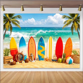 Lofaris Sommerlicher Strand-Fotohintergrund mit bunten Surfbrettern und Palmen, perfekte Kulisse für Urlaubsfotos und jedes Fotostudio