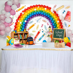 Lofaris Farbenfroher Regenbogen Schulanfang Hintergrund mit Schulmaterialien, fröhliche Fotokulisse für Kinder und Schultage Party