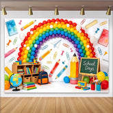 Lofaris Farbenfroher Regenbogen Schulanfang Hintergrund mit Schulmaterialien, fröhliche Fotokulisse für Kinder und Schultage Party