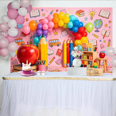 Lofaris Rosa Einschulungshintergrund mit Regenbogen Luftballons und Schulmaterialien, bunte Kulisse für Kinderfotografie