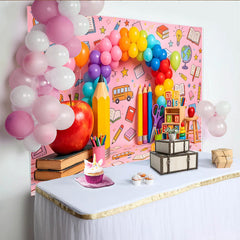 Lofaris Rosa Einschulungshintergrund mit Regenbogen Luftballons und Schulmaterialien, bunte Kulisse für Kinderfotografie