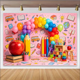 Lofaris Rosa Einschulungshintergrund mit Regenbogen Luftballons und Schulmaterialien, bunte Kulisse für Kinderfotografie