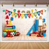 Lofaris Fröhlicher Schulanfanghintergrund mit Büchern ABC und Schulbus für Kinder, bunte Lernkulisse für Klassenzimmer und kreative Fotografie