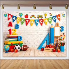 Lofaris Fröhlicher Schulanfanghintergrund mit Büchern ABC und Schulbus für Kinder, bunte Lernkulisse für Klassenzimmer und kreative Fotografie