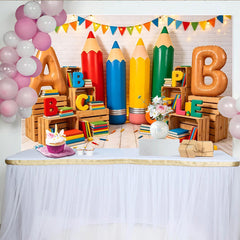 Lofaris Bunter Schul-Fotohintergrund mit ABC Buchstaben und Stiften, ideale Lernkulisse für Klassenzimmer und professionelles Fotostudio