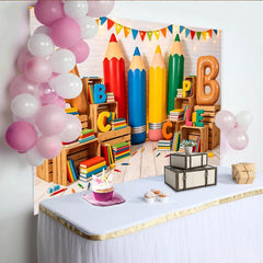 Lofaris Bunter Schul-Fotohintergrund mit ABC Buchstaben und Stiften, ideale Lernkulisse für Klassenzimmer und professionelles Fotostudio