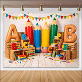 Lofaris Bunter Schul-Fotohintergrund mit ABC Buchstaben und Stiften, ideale Lernkulisse für Klassenzimmer und professionelles Fotostudio