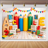 Lofaris Bunter Schulanfang Hintergrund mit Alphabet Buchstaben und Bleistiften, fröhliche Lernkulisse für Kinder, Fotostudio