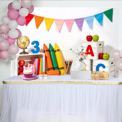 Lofaris Regenbogen Schulanfangshintergrund mit ABC-Blöcken Globus und Wachsmalstiften, bunte Fotokulisse für Kinder und Einschulungsfeier