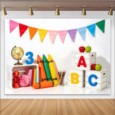 Lofaris Regenbogen Schulanfangshintergrund mit ABC-Blöcken Globus und Wachsmalstiften, bunte Fotokulisse für Kinder und Einschulungsfeier
